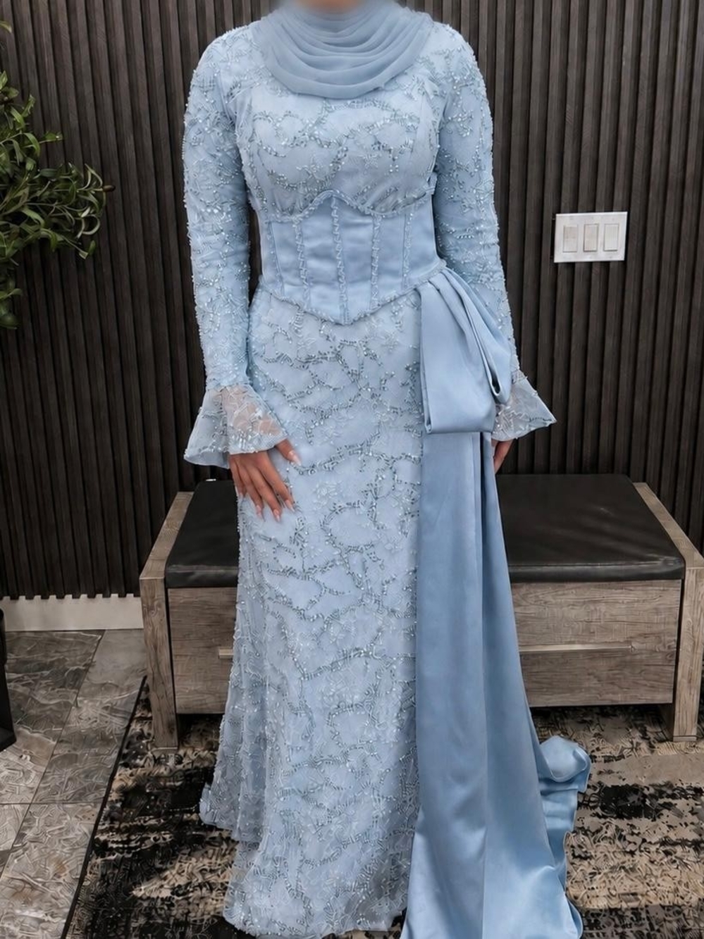 Elegant Light Blue Embellished Evening Dress